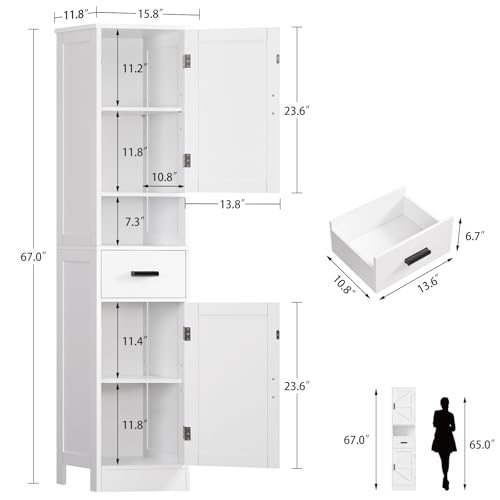 67" H Bathroom Storage Cabinet with Barn Doors & Adjustable Shelves, Bathroom Cabinet with Drawer, Narrow Bathroom Storage Unit, Floor Cabinets for Living Room, Kitchen, White