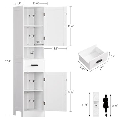 67" H Bathroom Storage Cabinet with Barn Doors & Adjustable Shelves, Bathroom Cabinet with Drawer, Narrow Bathroom Storage Unit, Floor Cabinets for Living Room, Kitchen, White