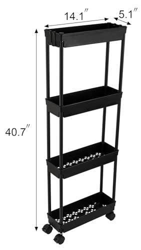 Sooyee 4 Tier Slim Storage Cart, Black | Rolling, Narrow Shelf, Mobile Shelving Unit Organizer, For Kitchen, Bathroom, Laundry Room