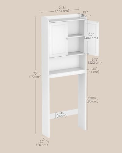 VASAGLE Over the Toilet Storage Cabinet, Adjustable Shelves, Space-Saving | Bathroom storage cabinet with doors, Modern, Cloud White, 7.9 x 24.6 x 66.9 Inches, UBTS008WH01S