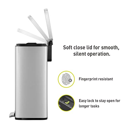 EKO Madison Brushed Stainless Steel 13.2 Gal/50L Kitchen Step Trash Can or Recycling Bin, Removable Inner Liner, Soft Close Lid, Fingerprint Resistant Finish