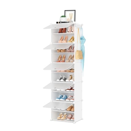 Shoe Rack 10 Tier Shoe Storage Cabinet with Door 20 Pair Tall Shoes Rack Organizer Free Standing Expandable Stable Plastic Easy Assembly Shoes Shelf for Closet Hallway Entryway Bedroom White