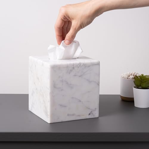 Cork & Mill Marble Tissue Box Cover for Kleenex and More, Square Cube | Real Solid White Stone, Facial Tissue Dispenser Holder for Bathroom Counter, Large Decorative Accessory Container