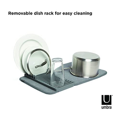 Umbra Udry Dish Drying Rack, Folding Dish Drainer Mat, Mini, Dark Grey | Absorbent microfiber base, removable tray, dishwasher safe, compact storage, BPA-free plastic
