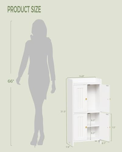 BEWISHOME Small Floor Cabinet,Toilet Paper Storage,Bathroom Storage Cabinet | with 4 Doors and Shelves, Bathroom Organizers and Storage for Small Spaces, White 7.9" D x 14.6" W x 31" H YYG11W