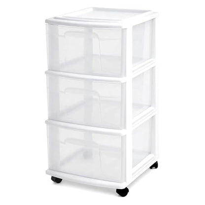 HOMZ 3-Drawer Storage Cart, Plastic Home, Dorm, & Office Organizer, White Frame | Plastic Organizer with Clear Bin Drawers for Bedroom, Bathroom, Home Office, and Dorm Rooms