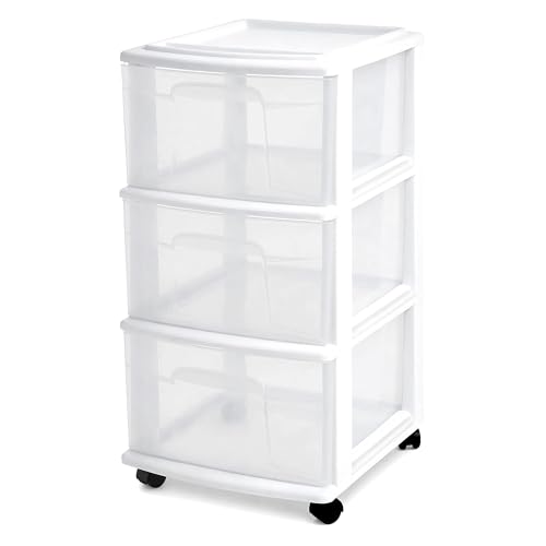 HOMZ Drawer Tower, 3-Tier Storage Cart with Removable Wheels, White Frame | Plastic Organizer with Clear Bin Drawers for Bedroom, Bathroom, Home Office, and Dorm Rooms