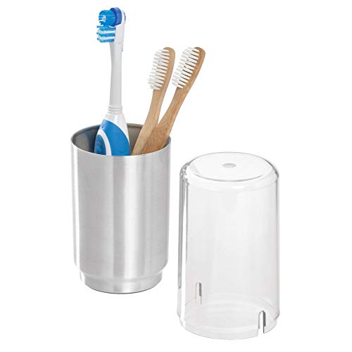 iDesign Austin Metal Covered Holder Stand, Holds Regular and Electric Toothbrushes in Master, Guest, Kid's, College Dorm Bathroom, Brushed | Holds Regular and Electric Toothbrushes for Bathroom or Vanity