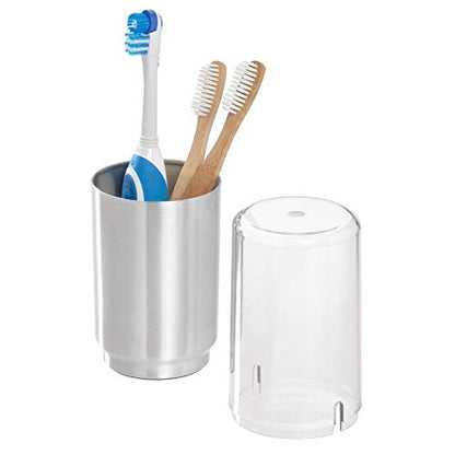iDesign Austin Metal Covered Holder Stand, Holds Regular and Electric Toothbrushes in Master, Guest, Kid's, College Dorm Bathroom, Brushed | Holds Regular and Electric Toothbrushes for Bathroom or Vanity