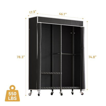 Higeego H9 Garment Rack with Cover, Heavy Duty Clothing Rack for Hanging Clothes, Portable Closet with wheels, Wardrobe Closet with Adjustable Shelves, Black Rack Shelf with Black Fabric Cover
