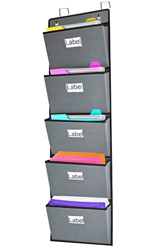 Over the Door Hanging File Organizer 5 Extra Large Pockets Wall Hanging File Folders Organizer Holders,Home Office Supplies Storage Pocket Chart for Paper Mails Planners Notebooks,Gray