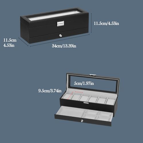 Watch Box for Men 6 Slot,Double Layer Mens Watch Case Display Organizer with Real Glass Top,Large Holder for 50mm Watches,PU Leather Jewelry Drawer Storage Valet Tray for Men,Black