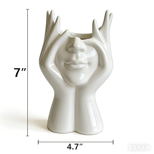 Decorative Face Makeup Brush Holder, White Ceramic Sculpture Design, 7x4.7 Inch, Cosmetic Organizer for Vanity