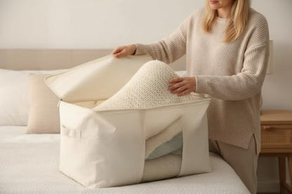 DoYiKe Soft Large Canvas Storage Bags with Zipper and Clear Window, Cotton Linen Storage Organizer for Pillows, Quilt, Blankets and Comforter, 80L, 4 Pack, Beige
