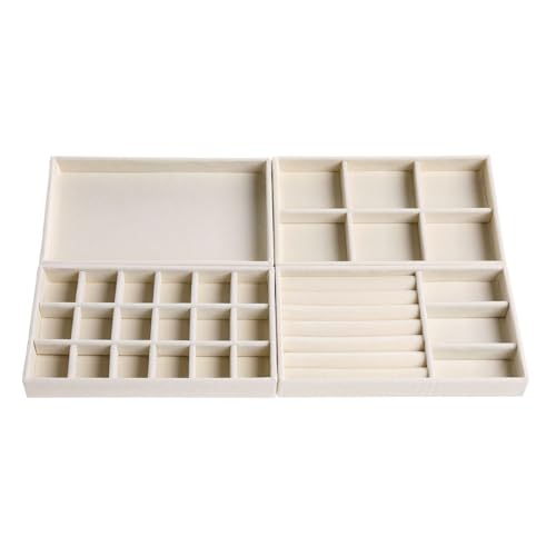 Velvet Jewelry Organizer for Drawer, Stackable Jewelry Drawer Inserts in Dresser, 8in Beige Storage Display Case for Rings Stud Necklaces Accessories, Set of 4