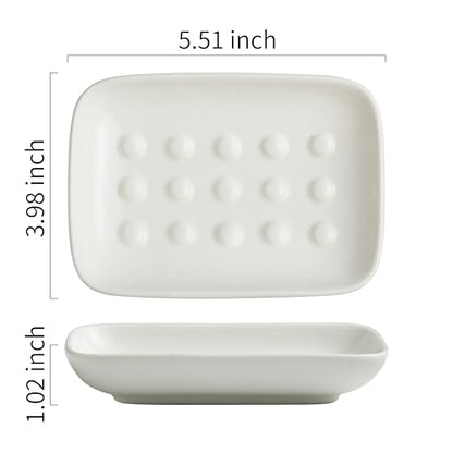 Soap Dish, Ceramic Soap Holder Shower Soap Dish for Bar Soap Sponge, Soap Saver Tray for Bathroom Kitchen Sink, White