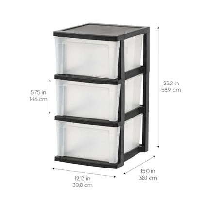 IRIS USA 3-Drawer Slim Narrow Storage Organizer, 2-Pack, Black/Clear | Organize craft supplies, school essentials, beauty items, and small household accessories with compact drawer storage