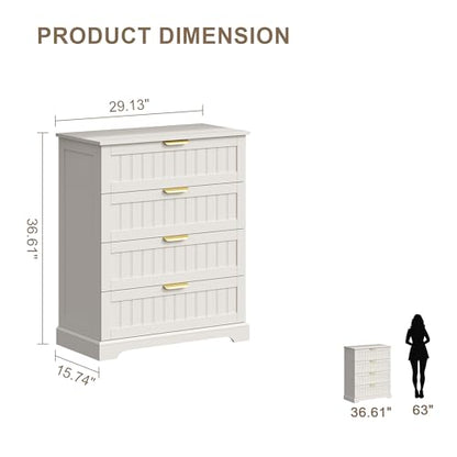 4 Drawer Dresser for Bedroom, Modern Farmhouse Wood Chest of Drawers with Metal Handles, Spacious Storage Drawers for Closet, Living Room, Entryway, White