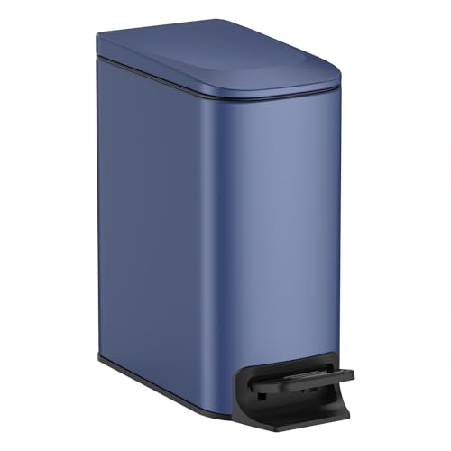 Slim Bathroom Trash Can with Lid Soft Close, Step... (Navy Blue)