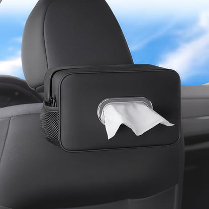 Multi-Functional Car Tissue Holder with 2 Storage Nets, Upgraded PU Leather Tissue Box Cover, Large Rectangle Napkin Organizer Fit for 100-160 Regular Size Tissues, Keep Car Tidy, Black