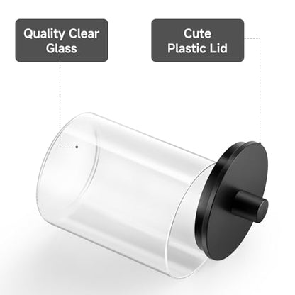 Glass Qtip Holder Dispenser - 10 oz Clear Canister Apothecary Jar, Bathroom Vanity Storage Organizer Set for Cotton Swabs, Pads, Floss Picks, Small Containers for Makeup Storage (4 Pack, Black)