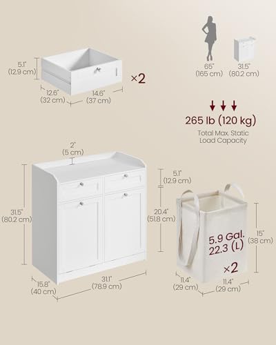 VASAGLE Laundry Cabinet with Tilt-Out Basket, Freestanding Storage Unit with Drawer and Laundry Hamper, for Bathroom, Living Room, 15.8 x 31.1 x 31.5 Inches, Cloud White UBBC751W01