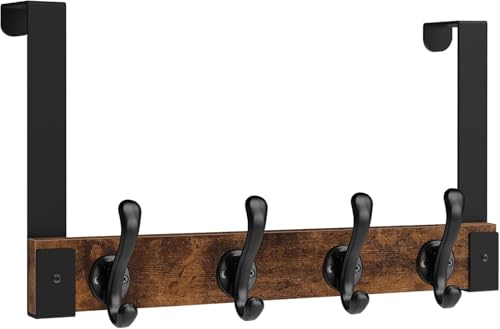 Over The Door Hooks Heavy Duty, Wood Over Door Hanger Hook with Coat Hooks for Hanging Towels, Clothes, Hats, Bags - Rustic Brown Black