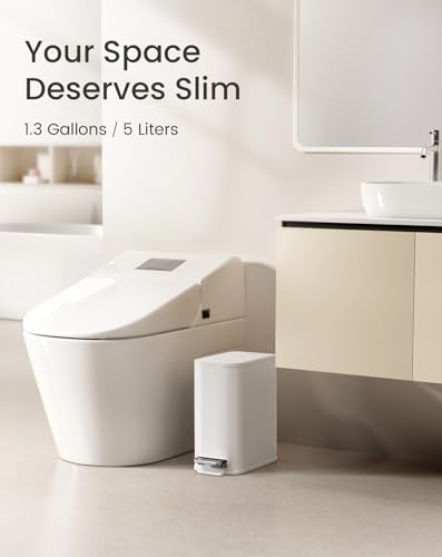 Cesun Small Bathroom Trash Can with Lid Soft Close & Pedal, 1.3 Gal, White | Removable Inner Bucket, Slim Stainless Steel Garbage Can for Bedroom/Office, Included 5 Trash Bags, Hidden Bag, Built to Last