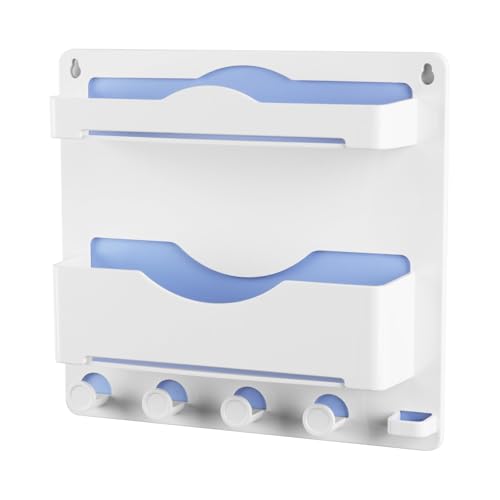 Bedside Wall Shelf with Glasses Hooks, Adhesive Bedside Organizer Wall Mount for Dorm and Room Accessories Phone，Remote，Earphone， Kindle (White)