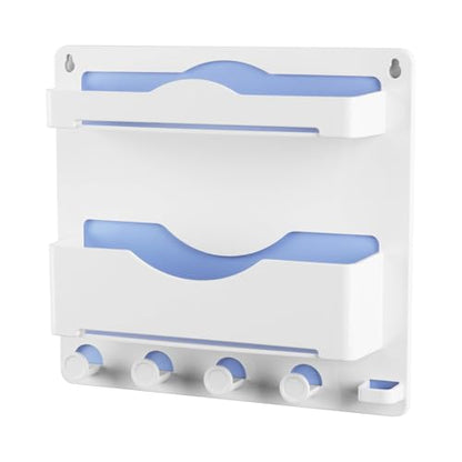 Bedside Wall Shelf with Glasses Hooks, Adhesive Bedside Organizer Wall Mount for Dorm and Room Accessories Phone，Remote，Earphone， Kindle (White)