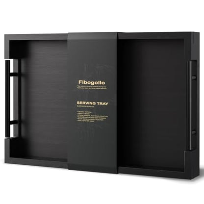 Fibogollo Bamboo Serving Trays with Metal Handles,Medium(Black) | 15 x 10Inch Ottoman Decorative Trays Platter for Coffee Table,Living Room,Bar,Party,Holiday Hosting and Outdoor Entertaining