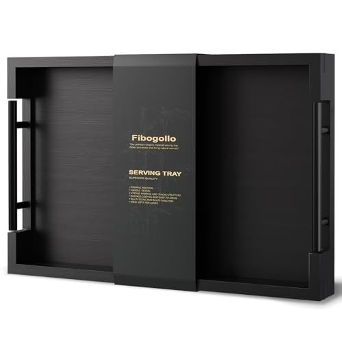 Fibogollo Bamboo Serving Trays with Metal Handles,Medium(Black) | 15 x 10Inch Ottoman Decorative Trays Platter for Coffee Table,Living Room,Bar,Party,Holiday Hosting and Outdoor Entertaining