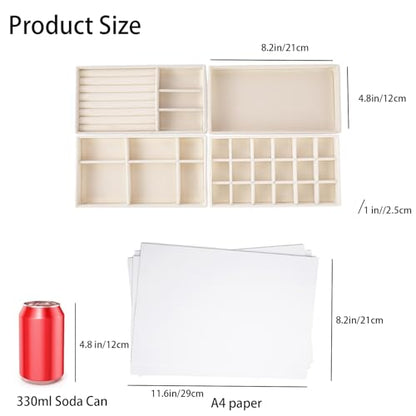Velvet Jewelry Organizer for Drawer, Stackable Jewelry Drawer Inserts in Dresser, 8in Beige Storage Display Case for Rings Stud Necklaces Accessories, Set of 4