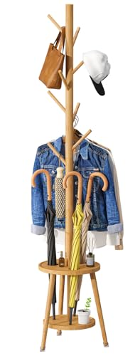 Coat Rack, Bamboo Wood Coat Freestanding with Umbrella Holder, Adjustable Height Coat Stand with 8 Hooks, kids coat rack, Used In The Bedroom Living Room, Office To Hang Clothes, Hats, Bags (Natural)