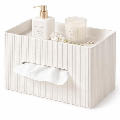 Ribbed PU Leather Tissue Box Cover with Storage Tray, Rectangular Facial Tissue Holder for Bathroom Vanity, Nightstand & Office Desk, Modern Decorative Tissue Dispenser (Ivory White)