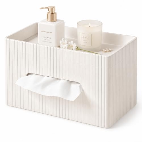 Ribbed PU Leather Tissue Box Cover with Storage Tray, Rectangular Facial Tissue Holder for Bathroom Vanity, Nightstand & Office Desk, Modern Decorative Tissue Dispenser (Ivory White)