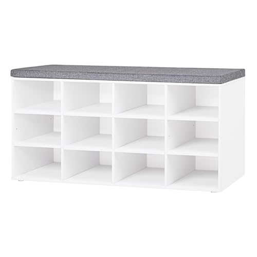 Shoe Storage Bench with Cushion, 40.9" Cubby Shoe... (White | Engineered Wood)