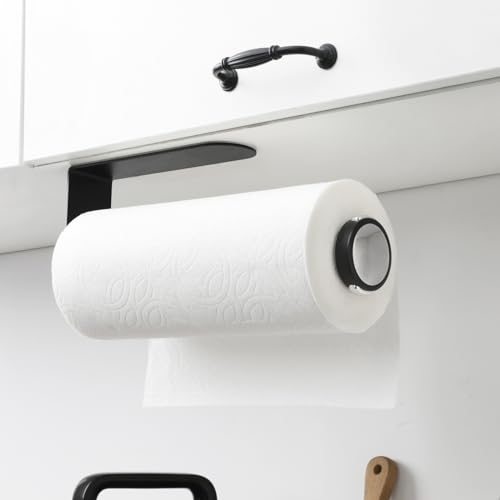 Under Cabinet Paper Towel Holder, One-Hand Tear, Wall Mount, Black | Quick Release Knob For Easy Roll Loading. Stainless Steel Holder For Kitchen Organization With Adhesive Or Screw Installation