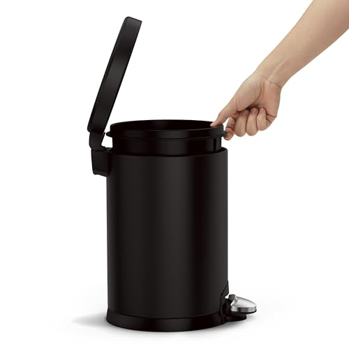 simplehuman Round Step Can, 4.5L / 1.2 Gallon Compact Bathroom Trash Can, 150,000-Step Pedal, Lid Shox® Silent Close, Removable Inner Bucket, Matte Black Steel