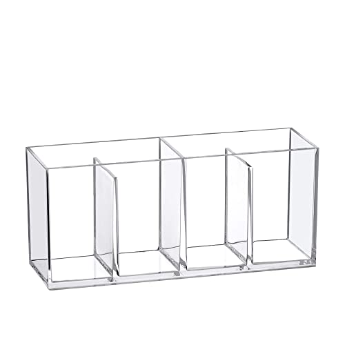 Glamour - Acrylic 4-Compartment Makeup Organizer, Transparent Plastic Makeup Brush Holder, Perfect Bathroom Vanity Storage Solution for Makeup Brushes, Eyebrow Pencils, and More