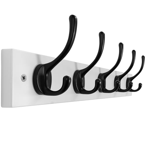 Wall Mounted Coat Rack: 16" Hole to Hole, Coat Hoo... (White & Black | Wood)
