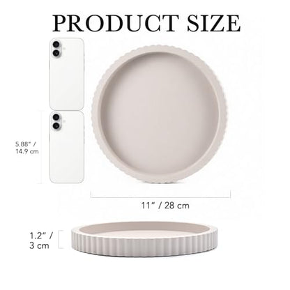 Modern Decorative Tray for Coffee Table, 11" Wooden Gray Beige Round Small Decor Tray for Candle, Perfume, Vanity, Kitchen Island Counter & Table Centerpiece