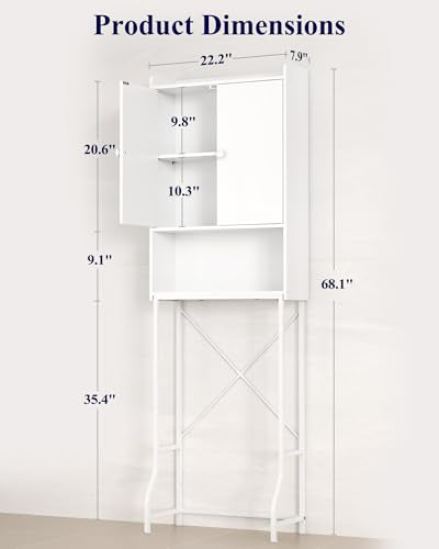 Kitsure 68.1"H Over Toilet Storage Cabinet, Magnetic Door, Adjustable Shelf | Bathroom, Laundry Room, Small Spaces, Families, Multi-Compartment Storage, Anti-Tip Design, White, 3 Tier Storage