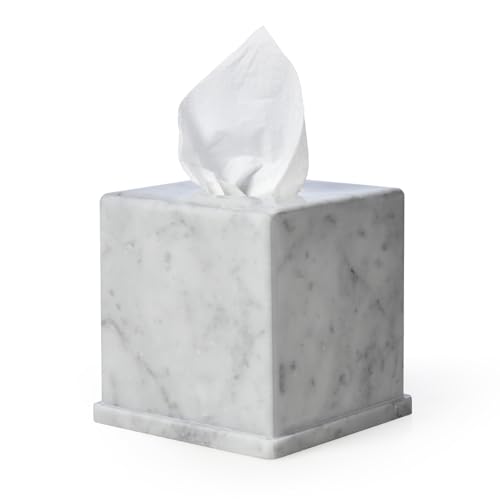 Natural Marble Tissue Box Cover, Carrara White Tissue Organizer 6 x 6 x 5.7 inch, Heavy Stone Decorative Box, Square Tissue Box Holder for Home Decor, Kitchen, Bathroom, Bedroom