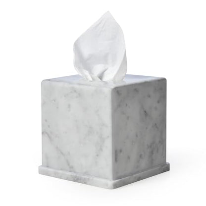 Natural Marble Tissue Box Cover, Carrara White Tissue Organizer 6 x 6 x 5.7 inch, Heavy Stone Decorative Box, Square Tissue Box Holder for Home Decor, Kitchen, Bathroom, Bedroom