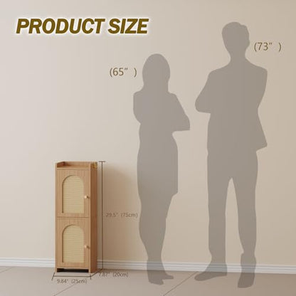 Arbuxzuy Rattan Bathroom Storage Cabinet with 2 Doors and Adjustable Shelf | Oak Corner Floor Cabinet, Narrow Toilet Paper Cabinets with 2Hooks, Toilet Organizer for Small Spaces, 7.87"D*9.84"W*29.72"H