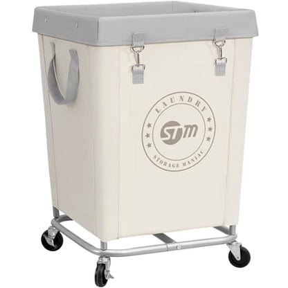 STORAGE MANIAC Commercial Laundry Hamper with Heavy Duty Steel Frame, 160 L Industrial Clothes Basket Cart with Wheels for Big Family, Home, Hotel, Laundry Room, 18''L x 18''W x 31''H, Medium Beige