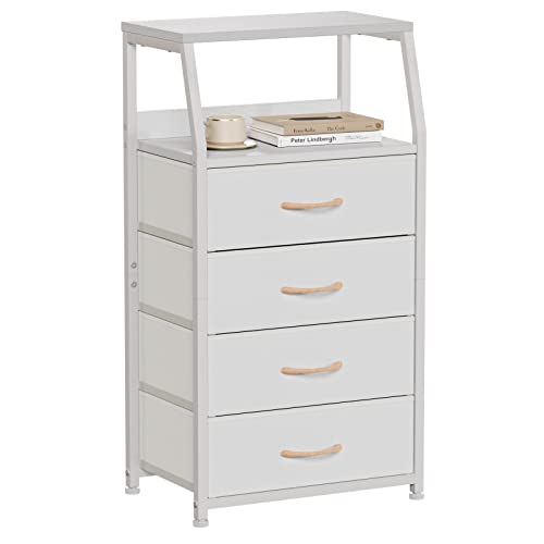 Tall Nightstand with 4 Fabric Drawers, Small Dresser for Bedroom | White Dorm Bedside Table , Dresser for Closet, Storage Drawer for Living Room, Entryway, Furniture, Metal Frame, Wood Top