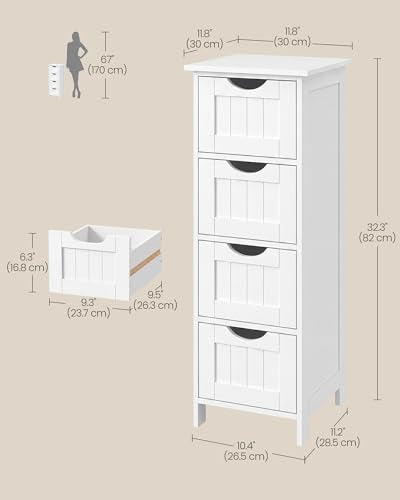 VASAGLE Floor Storage Cabinet, Freestanding Storage Organizer with 4 Drawers, 11.8 x 11.8 x 32.3 Inches, for Living Room, Bathroom, Dining Room, Kitchen, Modern Style, Cloud White ULHC040WH01S