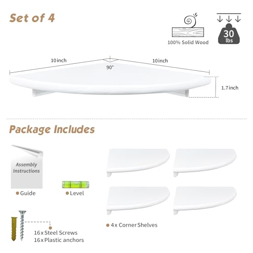 Forbena White Corner Floating Shelves for Wall Set of 4, Rounded Corner Shelves Wall Mounted for Kids Bedroom Books, Cute Wood Hanging Corner Shelf for Bathroom Decor, Living Room, Small Spaces